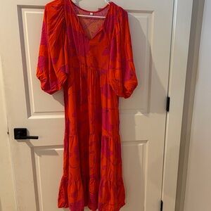Vibrant Red and Pink Dress with Puff Sleeves